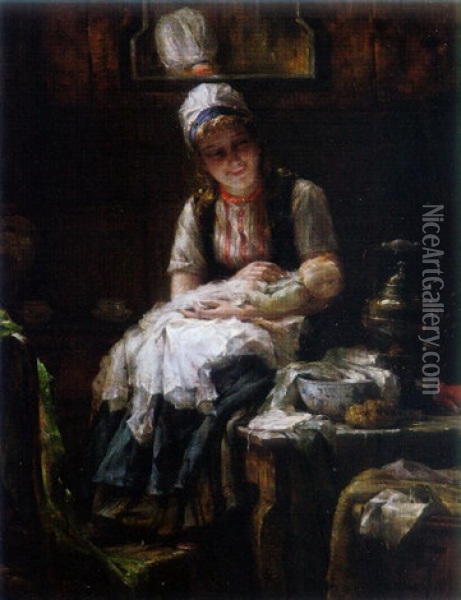 Playing Mother Oil Painting - Edward Antoon Portielje