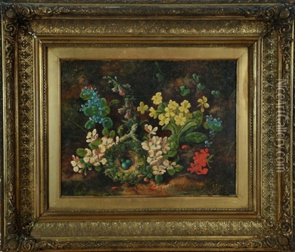 Fruhlingsblumen Und Vogelnest Mit Eiern Oil Painting - Henry John Livens