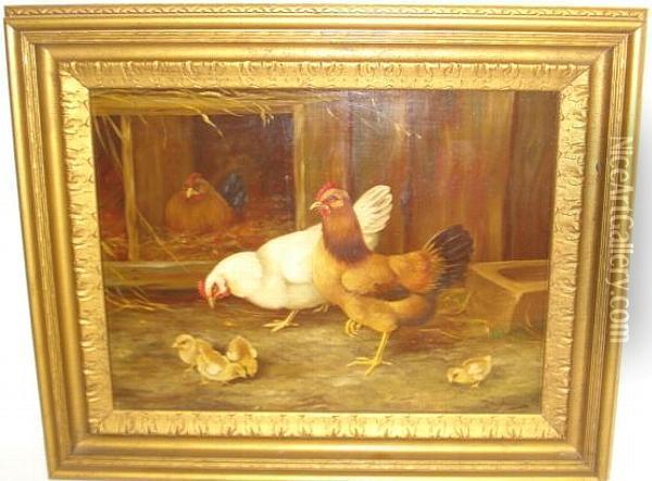 Cockerel Hen And Chicks Oil Painting - Victor Baird