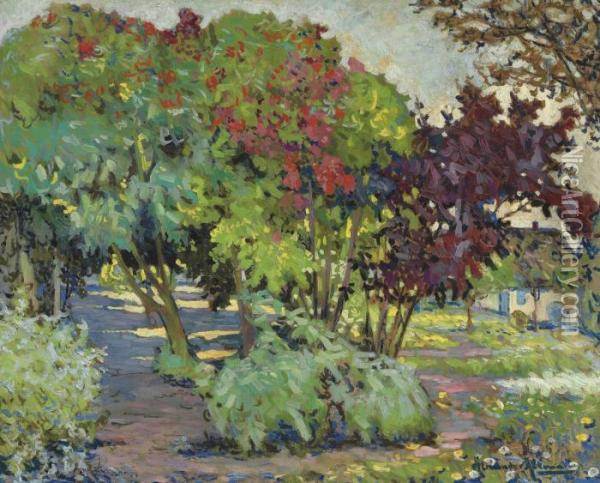 A Flowering Garden With Trees In The Summer Oil Painting - Alexander Altmann