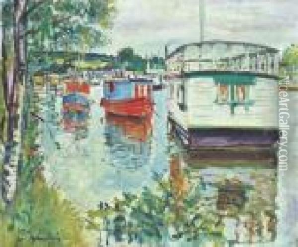 House Boats, Loch Lomond Oil Painting - George Leslie Hunter