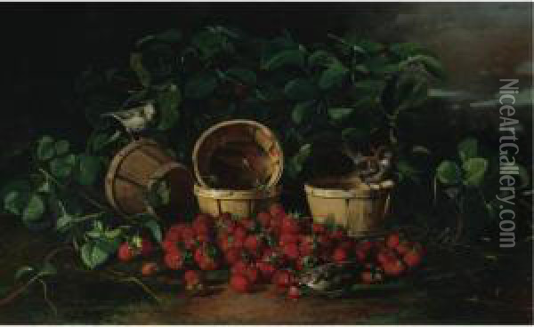 Still Life With Strawberries And Sparrows Oil Painting - Edward Chalmers Leavitt
