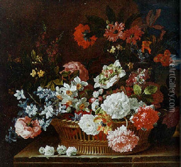 Roses, Narcissi, A Hyacinth, Primulae And Other Flowers In A Wicker Basket, Landscape Beyond Oil Painting - Jean-Baptiste Monnoyer