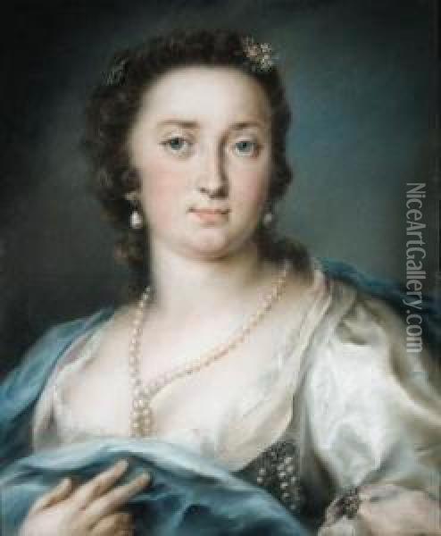 Portrait Of A Lady, Bust-length, In A Silver Dress With A Blueshawl Oil Painting - Rosalba Carriera