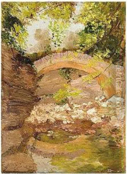 A Woodland Bridge Oil Painting - Nicholaos Lytras
