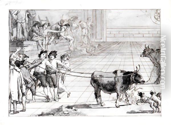 Scene In A Venetian Campo Two Young Men Holding A Bull, Roped By Its Horns, With Dogs And Other Figures Around Them Oil Painting - Giovanni Domenico Tiepolo