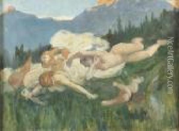 Abendliche Gebirgslandschaft Mit Schwebenden Waldfeen. Oil Painting - Edouard John E. Ravel