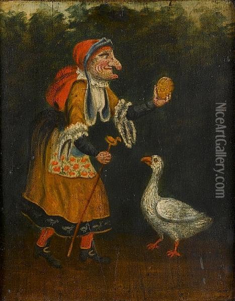 A Witch Feeding A Goose Oil Painting - Tim Bobbin