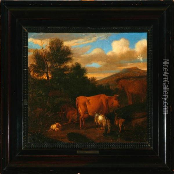 Autumn Landscape With Cows, Goats And A Horse Oil Painting - Adrian Van De Velde