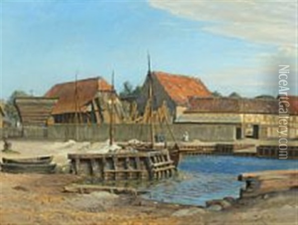 Tomrerhandlere Ved Havnen I Faaborg Oil Painting - Peter Tom-Petersen