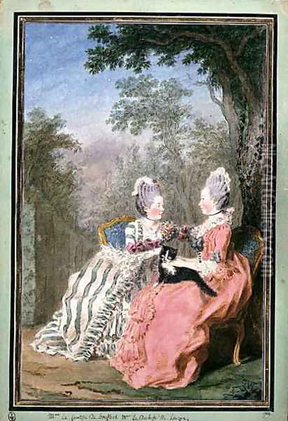 The Countess of Boufflers and the Duchess of Lauzun, 1769 Oil Painting - Louis Carrogis Carmontelle