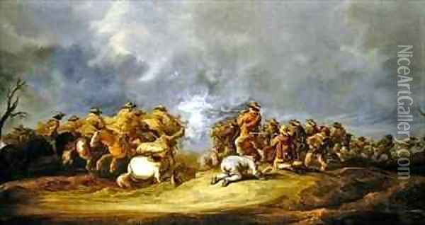 A Calvary Charge mounted troops attacking a musket block Oil Painting - Benjamin Gerritsz. Cuyp