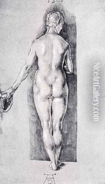 Rear View Of A Female Nude Holding A Cap Oil Painting - Albrecht Durer