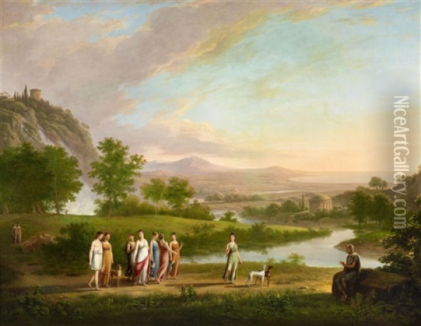 Landscape With Diana, Atalanta And Meleager Oil Painting - Johann Nepomuk Schoedlberger