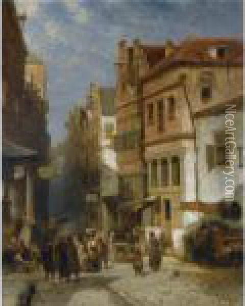 The Jewish Quarter, Possibly Amsterdam Oil Painting - Salomon Leonardus Verveer