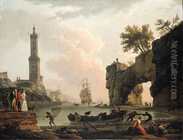 A Mediterranean harbour at sunset, with the artist, his daughter Emilie Chalgrin, his son Carle Vernet, his daughter-in-law, Fanny Moreau Oil Painting - Claude-joseph Vernet