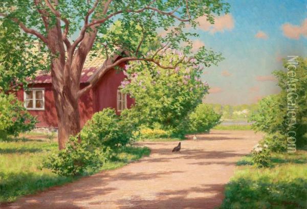 Summer Landscape With Hens Oil Painting - Johan Krouthen