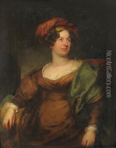Portrait Of Elizabeth, The Marchioness Of Stafford, Later Countess Of Sutherland, Seated, Wearing A Brown Dress And Red Hat Oil Painting - Thomas Lawrence