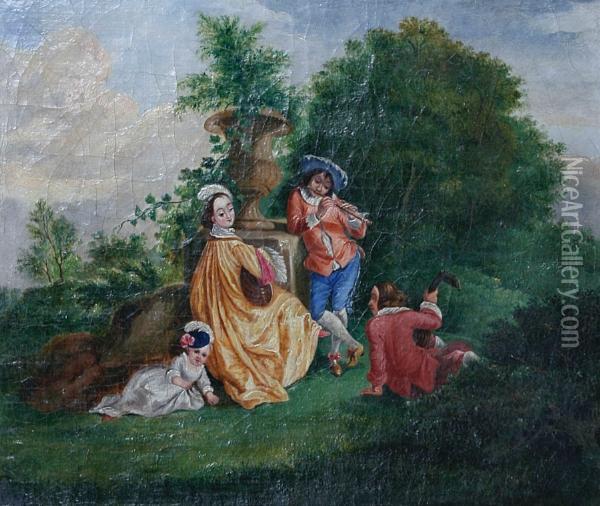 Figures And Young Child In A Garden Oil Painting - Henry Andrews