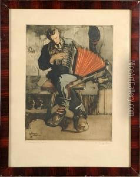 L'accordeoniste. Oil Painting - Maurice Langaskens