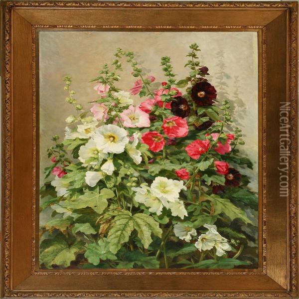 White, Rose Anddark Red Hollyhocks Oil Painting - Emma Loffler