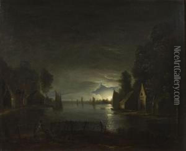 Estuary Scene By Moonlight Oil Painting - Samuel David Colkett