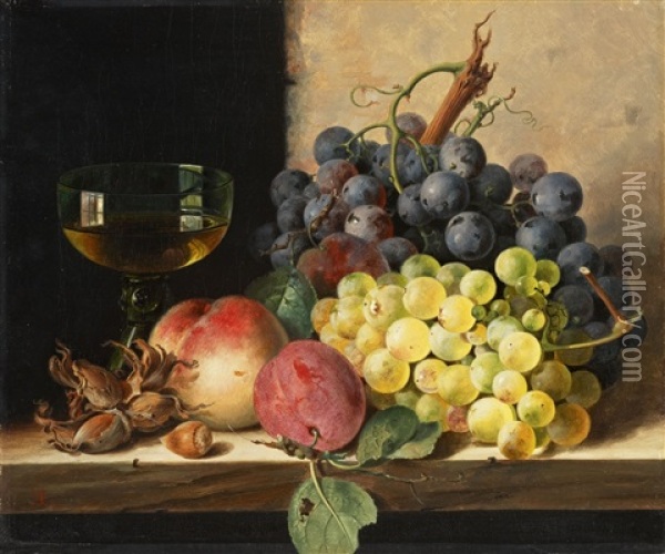 A Still Life Of Grapes, Plums, Hazelnuts, A Peach, And A Wine Glass On A Ledge Oil Painting - Edward Ladell