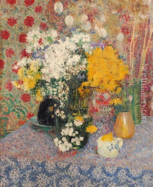 Vases De Fleurs Sur Une Table Oil Painting - Georges Lemmen