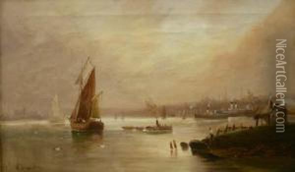 Estuary With Steam And Sailing Boats Oil Painting - Walter Meegan