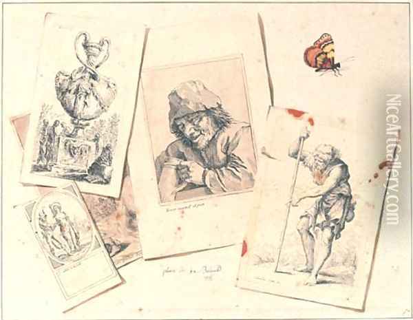 A trompe l'oeil still life of a butterfly and an assortment of prints after Jacques Callot, David Teniers II, Salvator Rosa and Jacques-Louis David Oil Painting - Jean-Joseph-Xavier Bidauld