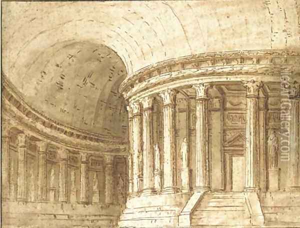 The interior of a circular classical temple Design for a stage set, possibly for La Fenice, Venice Oil Painting - Pietro Gonzaga