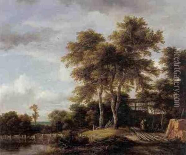 A Wooded Landscape With Figures Outside The Gates Of A Woodyard Oil Painting - Jacob Van Ruisdael