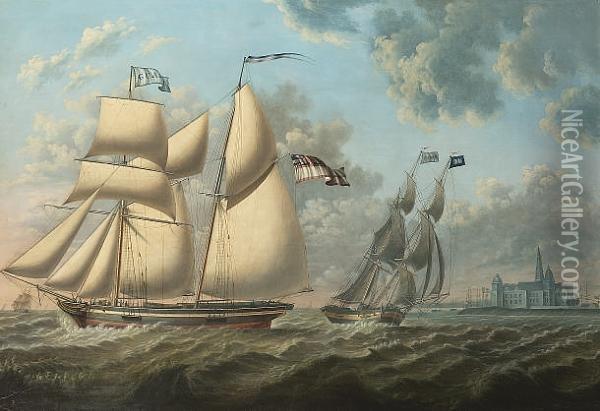 The Schooner 'guard' And The Snow 'chase' Off Elsinore Castle Oil Painting - William Coates