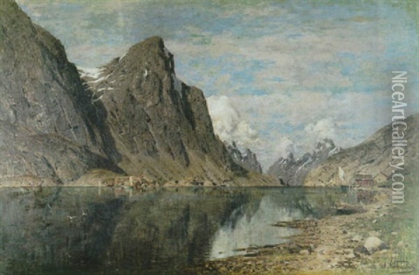Norwegische Fjordlandschaft Mit Fischerhutten Oil Painting - Adelsteen Normann