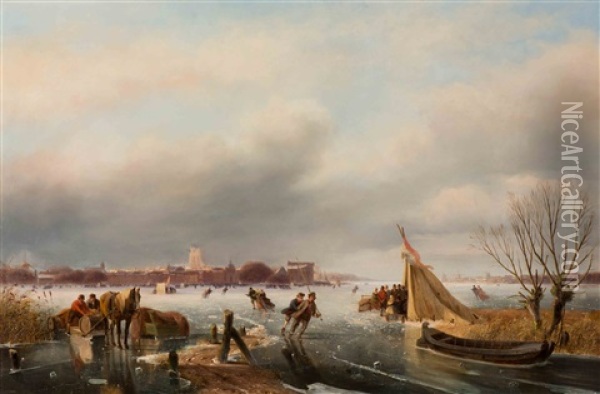 Skaters At A 'koek-en-zopie-tent' With The City Of Dordrecht In The Background Oil Painting - Nicolaas Johannes Roosenboom