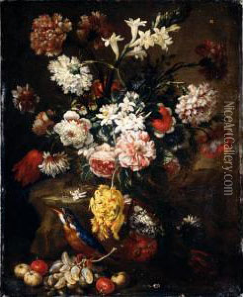 Still Life Of Various Flowers In
 A Basket, Together With Grapes, Crab-apples And A Kingfisher Oil Painting - Bartolommeo Bimbi