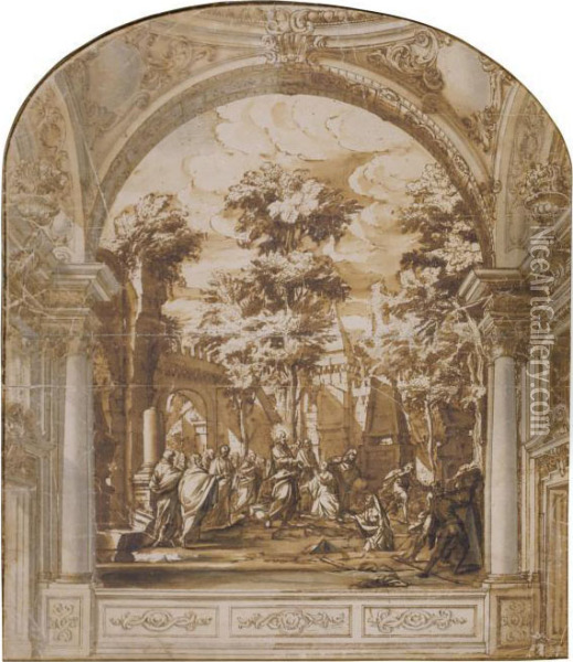 Design For An Altarpiece: The Raising Of Lazarus Oil Painting - Francesco Galli Bibiena