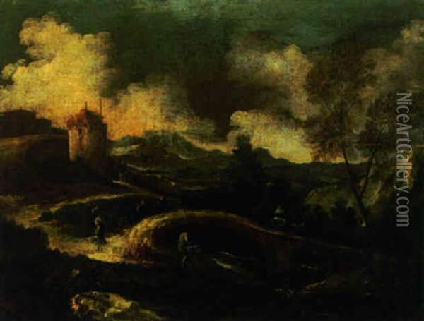 A River Landscape With Peasants On A Bridge, A Tower Beyond Oil Painting - Marco Ricci