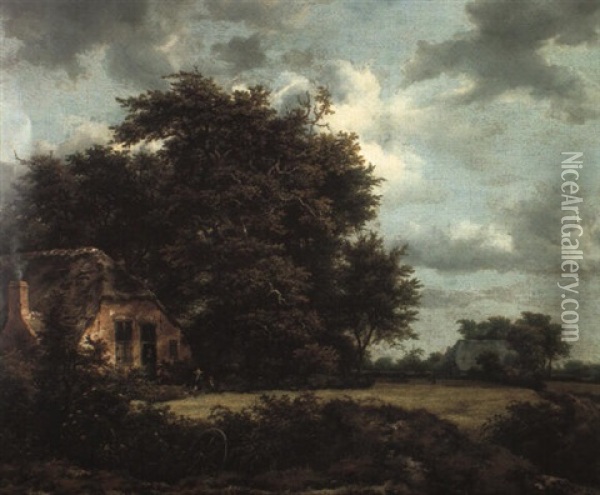 Bosky Landscape With Peasants Seated Outside A Thatched Cottage By A Field Oil Painting - Jacob Van Ruisdael