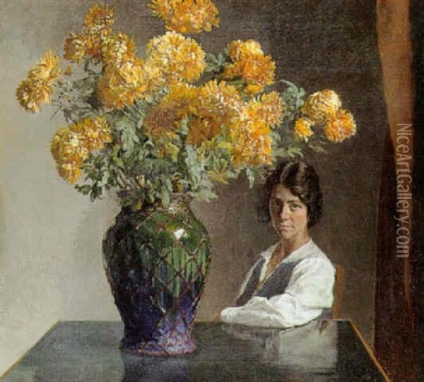 Interior Med Ung Pige Ved En Gronglaseret Vase Med Crysantemen Oil Painting - Gustav Vilhelm Blom