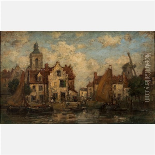 Dutch Canal Scene Oil Painting - Jacob Henricus Maris