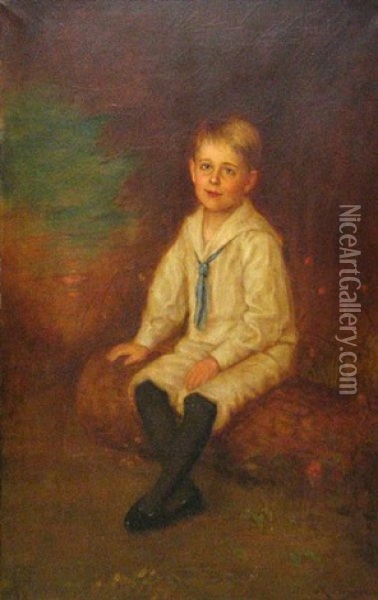 A Portrait Of A Boy, Full-length, Seated In A Landscape Oil Painting - Otto Von Krumhaar