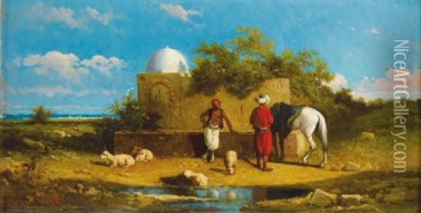 Fontaine Aux Environs De Tunis (after Charles-emile Vacher De Tournemine) Oil Painting - Henri Van Wijk