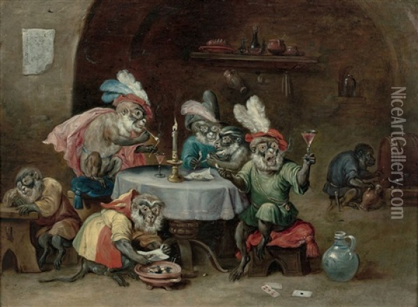 Singes Joueurs De Cartes Et Singes Fumeurs Et Buveurs (pair) Oil Painting - Ferdinand van Kessel