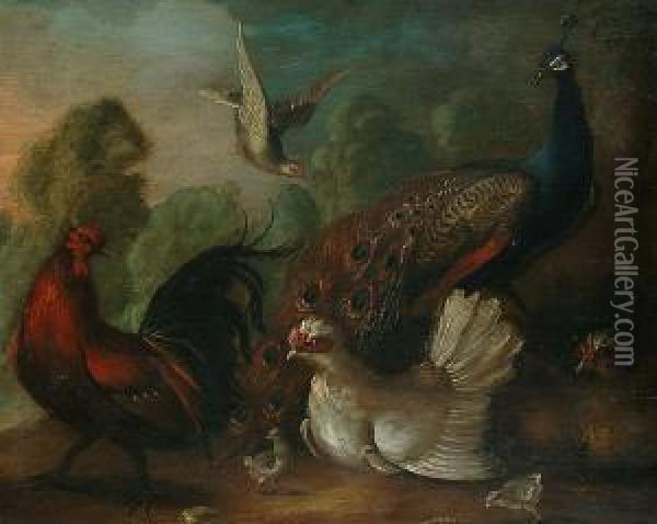 Pheasants And Chickens In A Landscape Oil Painting - Marmaduke Cradock