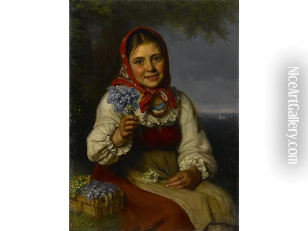 Seller Of Spring Flowers Oil Painting - Vasili Timofeevich Timofeev