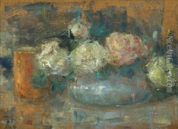 Stil Life With Roses Oil Painting - Olga Boznanska