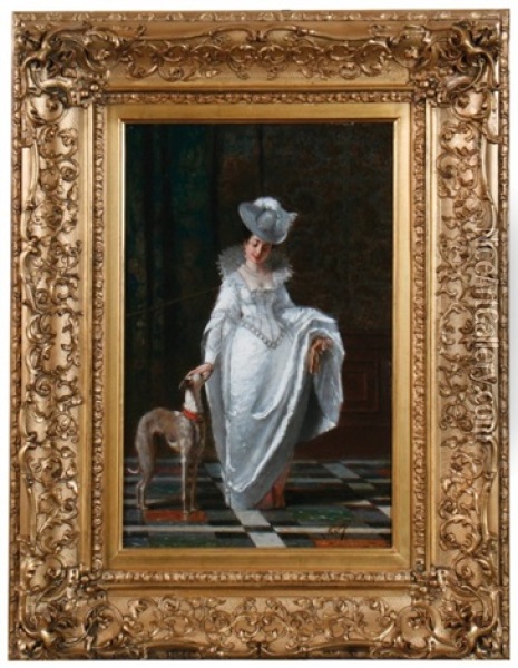 A Lady With Her Favourite Hound Oil Painting - Charles Francois Pecrus