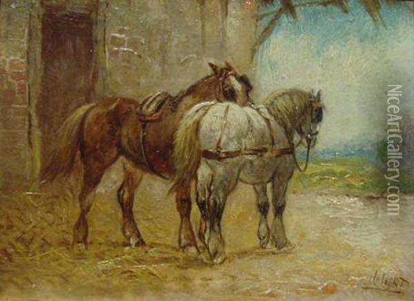 ' Paar Pferde Vor Dem Stall', Ol/lwd. Oil Painting - Henry Calvert