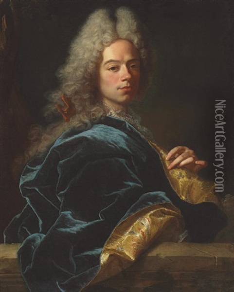 Portrait Of Jean-louis De Roll-montpellier In A Blue And Gold Robe Oil Painting - Hyacinthe Rigaud